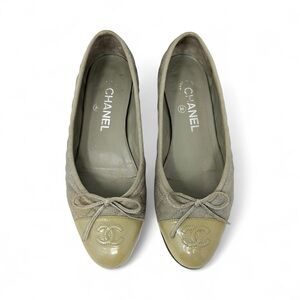 Chanel CC Cap Toe Quilted Lambskin Ballet Flats Taupe Sage Size 37 Authentic